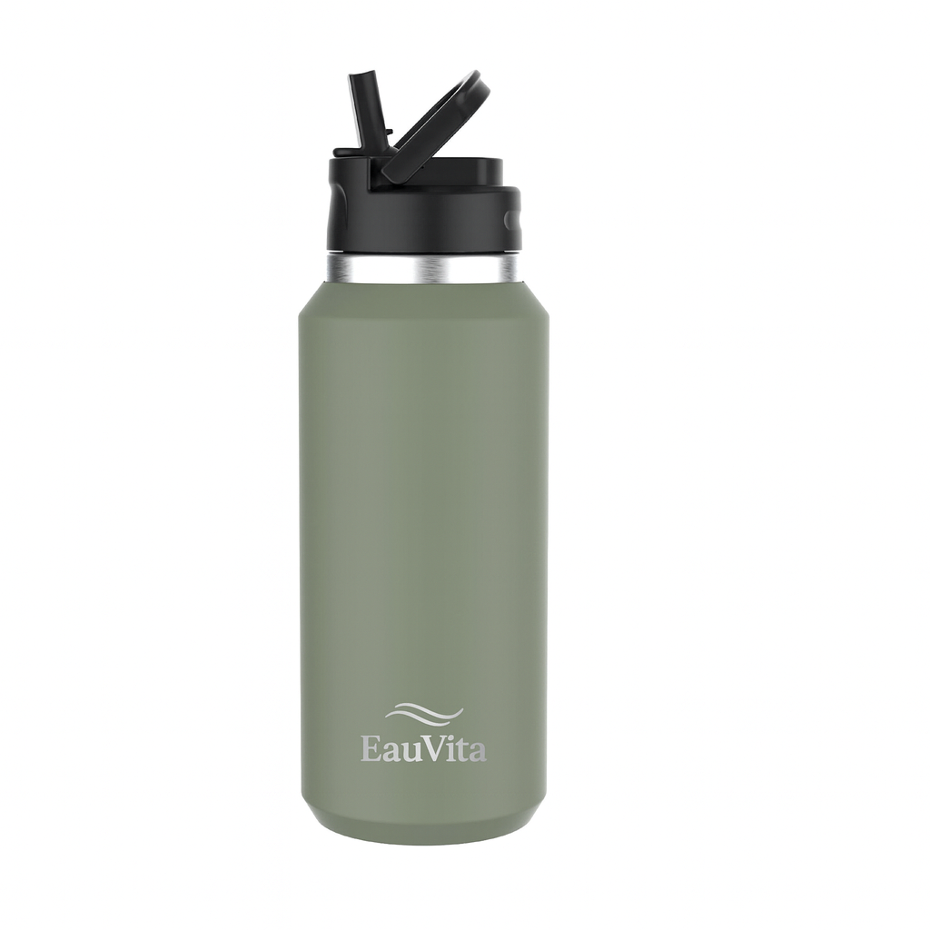 Stainless Steel Insulated Water Bottles With Straw Carry Handle Flip Lid for Travel,Camping,Bike,Sport, 32Oz