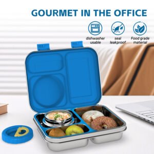 Stainless Steel Bento Box and Soup Cup Kids, Kids Metal Bento Lunch Box BPA Free Lunch Box Containers 304 Stainless Steel Bento Box for School and Office, 3_Grid (Blue)