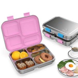 Stainless Steel Bento Box Kids, Kids Metal Bento Lunch Box BPA Free Lunch Box Containers 304 Stainless Steel Bento Box for School and Office, 4_Grid (Pink)