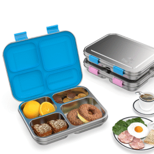 Stainless Steel Bento Box Kids, Kids Metal Bento Lunch Box BPA Free Lunch Box Containers 304 Stainless Steel Bento Box for School and Office, 4_Grid (Blue)