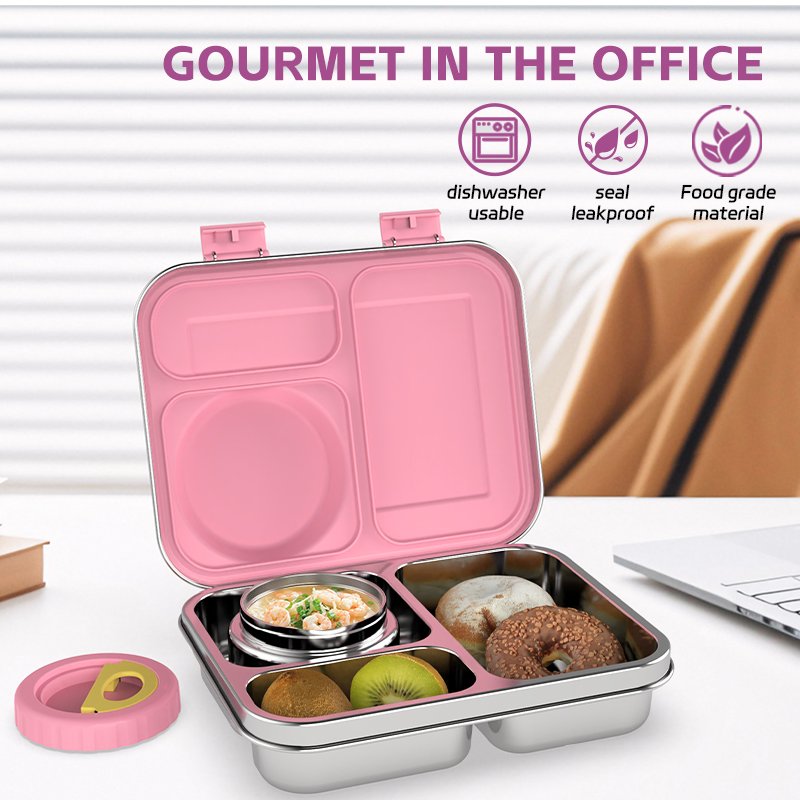 Stainless Steel Bento Box and Soup Cup Kids, Kids Metal Bento Lunch Box BPA Free Lunch Box Containers 304 Stainless Steel Bento Box for School and Office, 3_Grid (Pink)