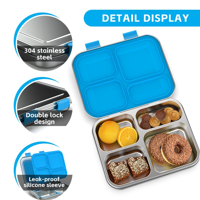 Stainless Steel Bento Box Kids, Kids Metal Bento Lunch Box BPA Free Lunch Box Containers 304 Stainless Steel Bento Box for School and Office, 4_Grid (Blue) - Image 3