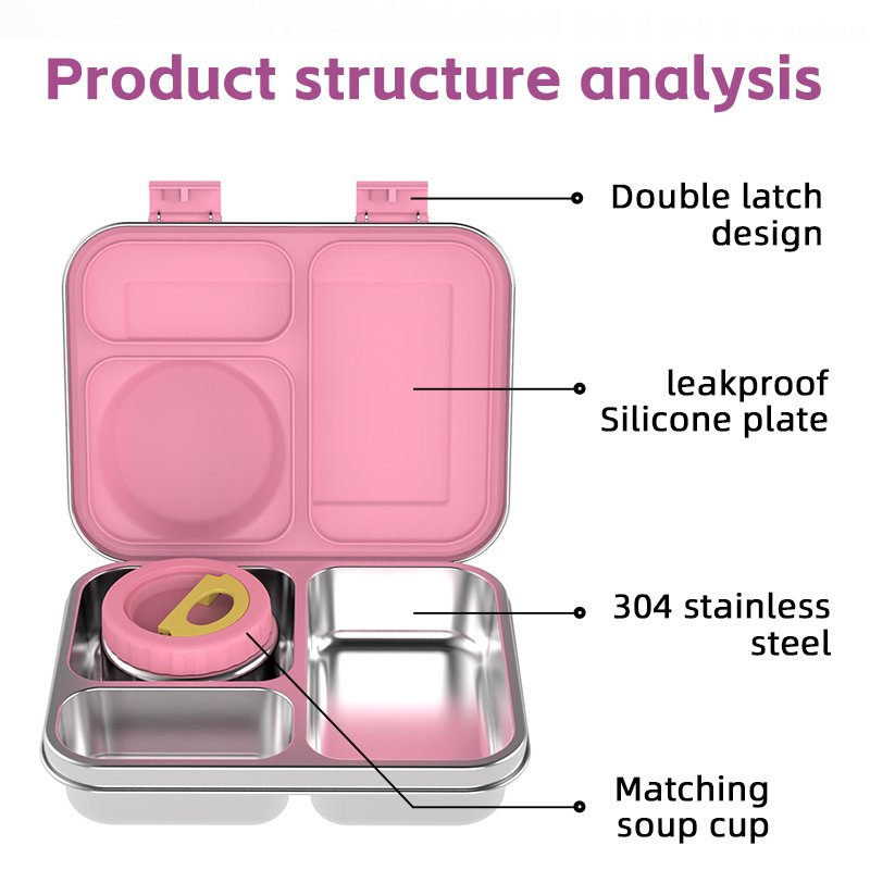 Stainless Steel Bento Box and Soup Cup Kids, Kids Metal Bento Lunch Box BPA Free Lunch Box Containers 304 Stainless Steel Bento Box for School and Office, 3_Grid (Pink) - Image 3