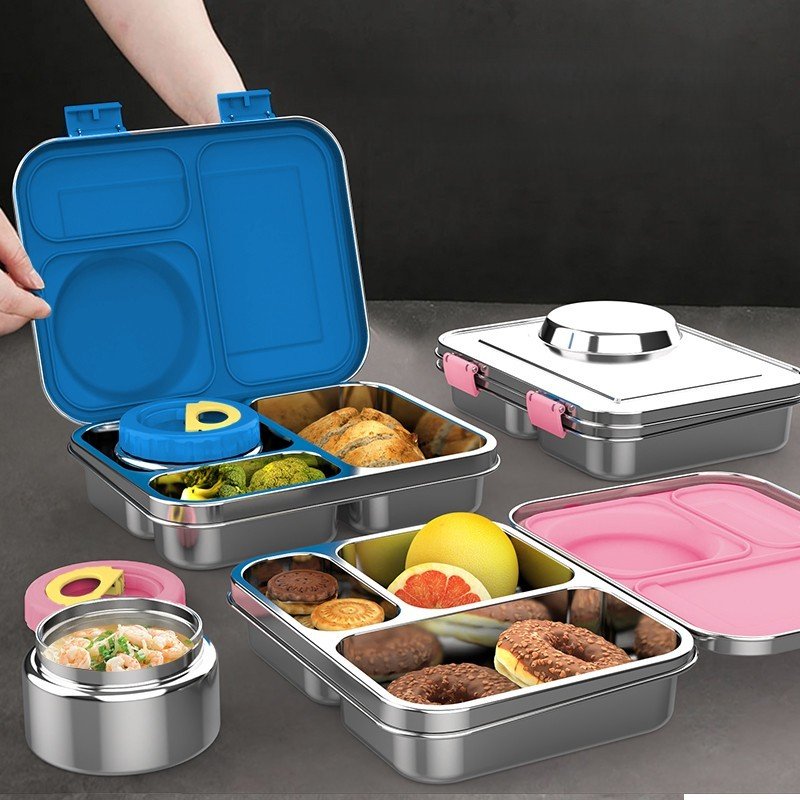 Stainless Steel Bento Box and Soup Cup Kids, Kids Metal Bento Lunch Box BPA Free Lunch Box Containers 304 Stainless Steel Bento Box for School and Office, 3_Grid (Blue) - Image 3