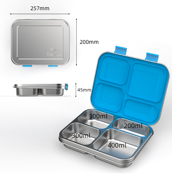 Stainless Steel Bento Box Kids, Kids Metal Bento Lunch Box BPA Free Lunch Box Containers 304 Stainless Steel Bento Box for School and Office, 4_Grid (Blue) - Image 2